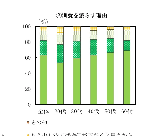 年代別の「消費を減らす理由」の割合を示した100%積み上げ棒グラフ