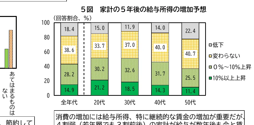 5年後の給与所得の増加予想に関する積み上げ棒グラフ