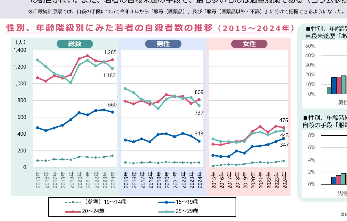性別、年齢階級別にみた若者の自殺者数の推移（2015年～2024年）