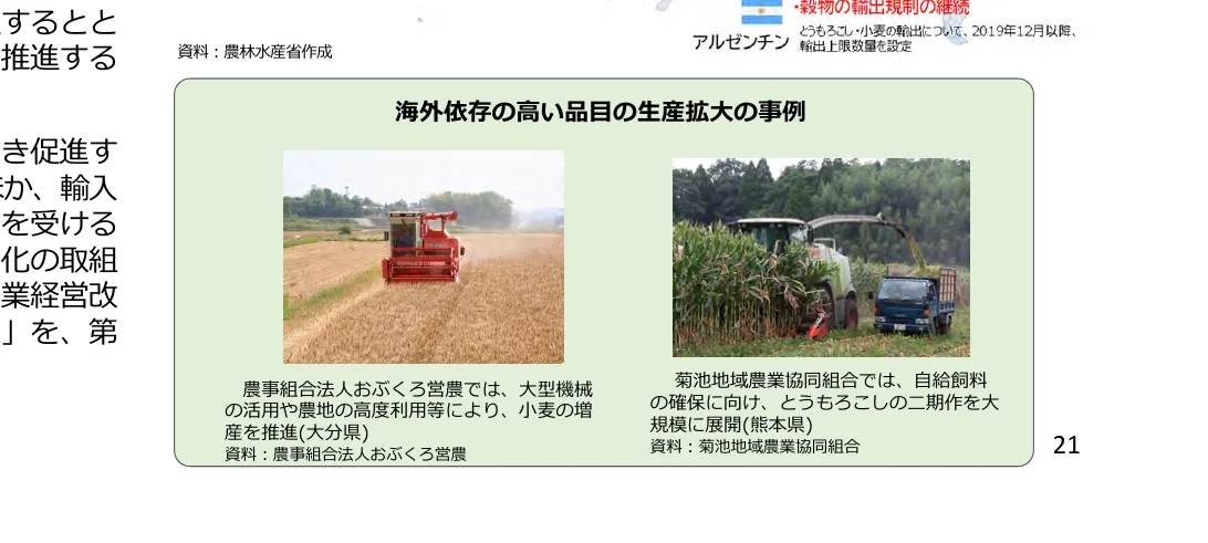 海外依存の高い品目の生産拡大の事例として、小麦の収穫とトウモロコシの収穫の写真を掲載し、それぞれの事例について説明文を添えている。