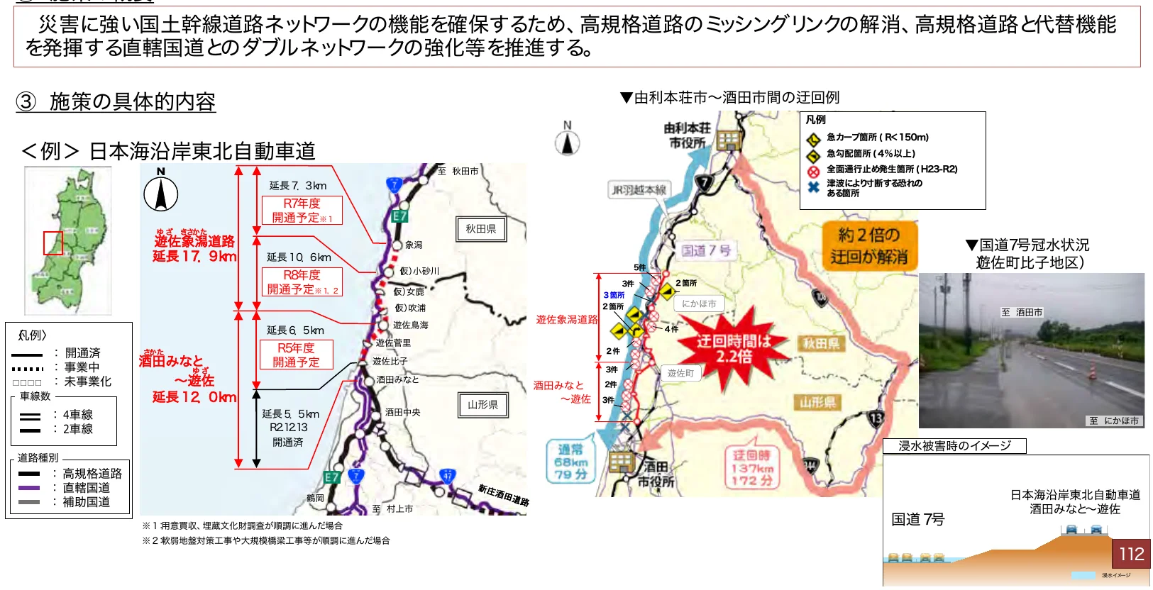 災害に強い国土幹線道路ネットワークの機能確保のため、高規格道路のミッシングリンクの解消、高規格道路と代替機能を発揮する直轄国道とのダブルネットワークの強化等を推進する。