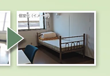 個室化のイメージを示すベッドと椅子が配置された部屋の写真