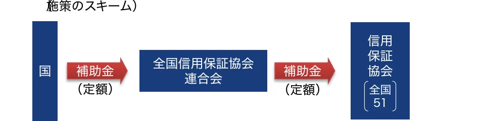 国の補助金が全国信用保証協会連合会に渡り、そこから信用保証協会（全国51）に補助金が渡るフロー図。
