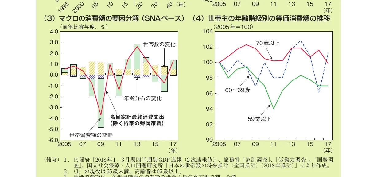 マクロの消費額の要因分解と世帯主の年齢階級別等価消費額の推移