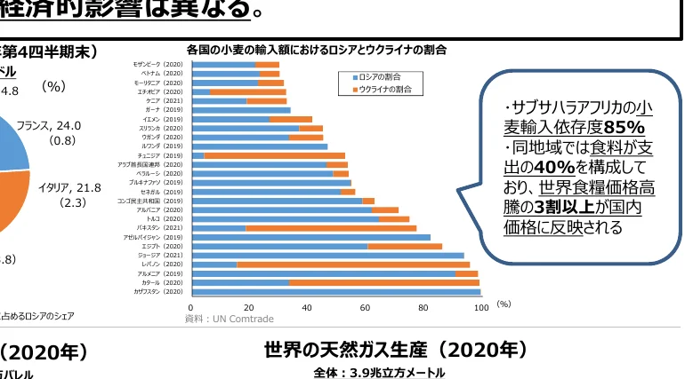 各国の小麦の輸入額におけるロシアとウクライナの割合を示す棒グラフ