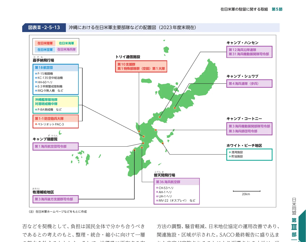 沖縄における在日米軍主要部隊などの配置図（2023年度末現在）