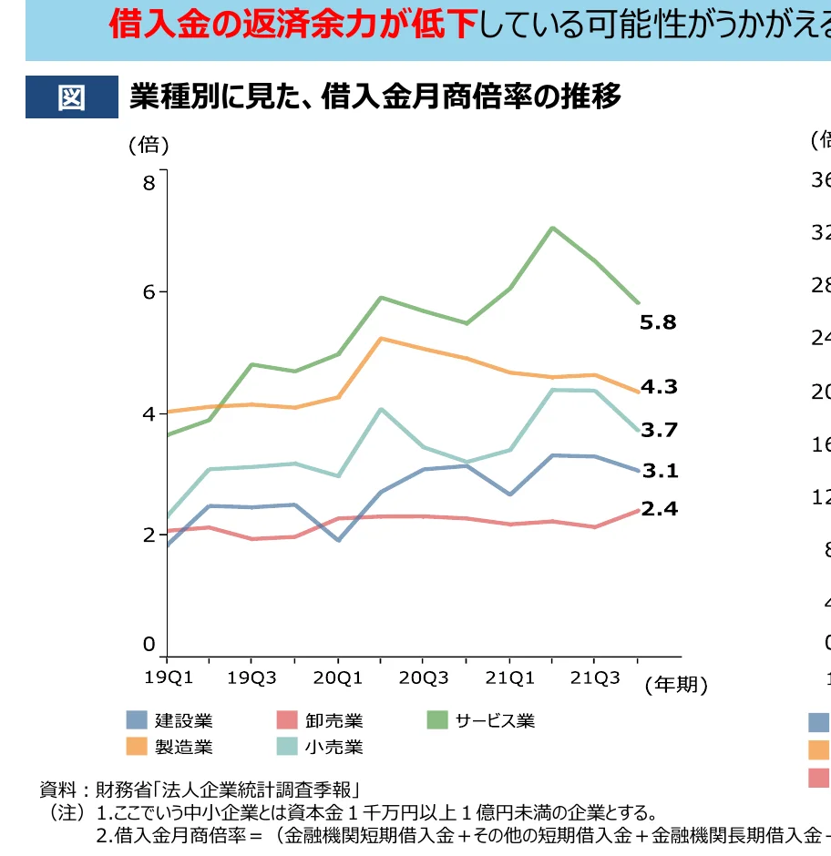 業種別に見た、借入金月商倍率の推移