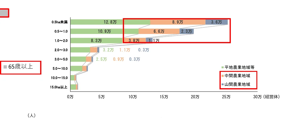 経営規模別の農業従事者の年齢構成を示す横棒グラフ