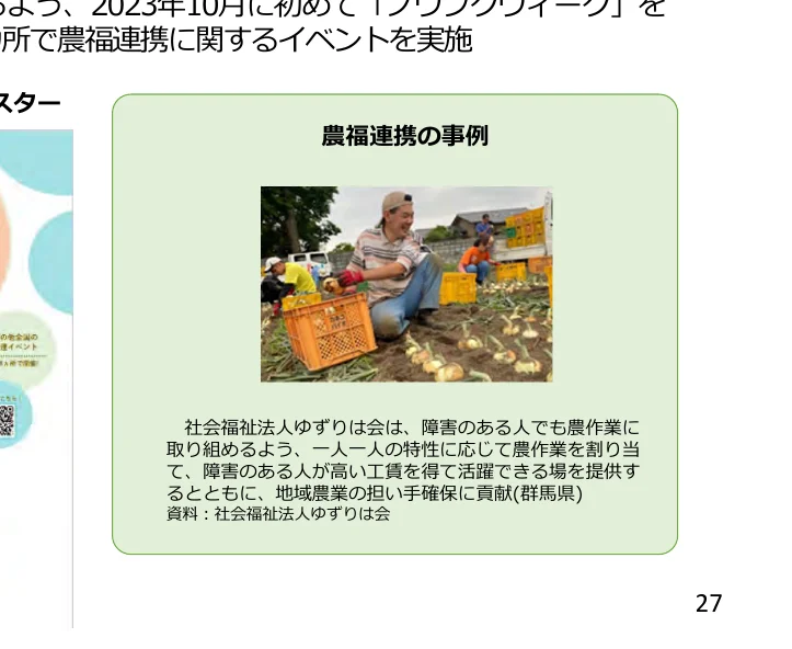 農福連携の事例を紹介するインフォグラフィック。障害のある人が農作業に取り組む様子や、その取り組みが地域農業に貢献していることが写真と文章で説明されている。