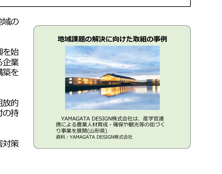 地域課題の解決に向けた事例として、YAMAGATA DESIGN株式会社による産学官連携での農業人材育成・確保や観光等の街づくり事業の事例写真。