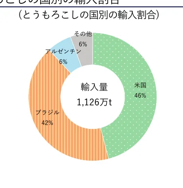 トウモロコシの国別輸入割合を示す円グラフ。アメリカが46%、ブラジルが42%、アルゼンチンとその他がそれぞれ6%を占めている。総輸入量は1,126万トン。