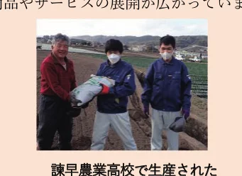 諫早農業高校で生産された製品を手に持つ人々の写真