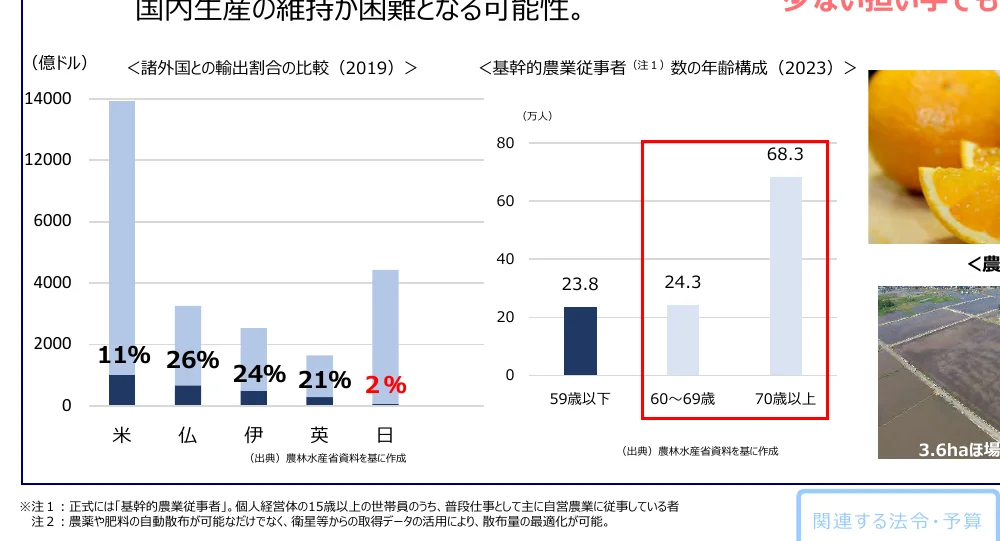 国内生産の維持が困難となる可能性に関するグラフ。左側は諸外国との輸出割合の比較（2019年）を示す棒グラフで、米、仏、伊、英の輸出割合が示されている。右側は基幹的農業従事者数の年齢構成（2023年）を示す棒グラフで、59歳以下、60～69歳、70歳以上で構成されている。グラフの右側にはオレンジの写真と田んぼの写真も含まれている。