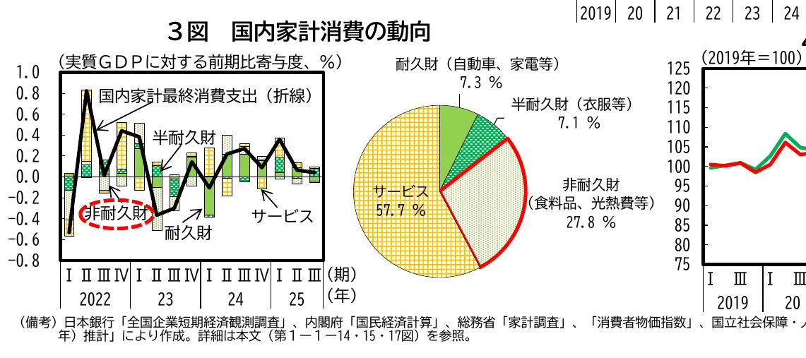 国内家計消費の動向を示す複合グラフ。左側は実質GDPに対する前期比寄与度を示す棒グラフと折れ線グラフ、中央は消費支出の内訳を示す円グラフ、右側は消費者物価指数の推移を示す折れ線グラフ。