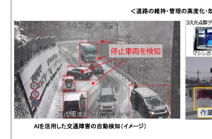雪道で立ち往生している車両をAIが自動検知する様子を示す写真。