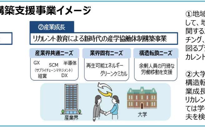 産業成長と大学の連携による産学協働体制構築事業のイメージ図。産業界の共通ニーズ、業界固有ニーズ、構造転換ニーズを提示し、産業界と大学間の連携を示す。