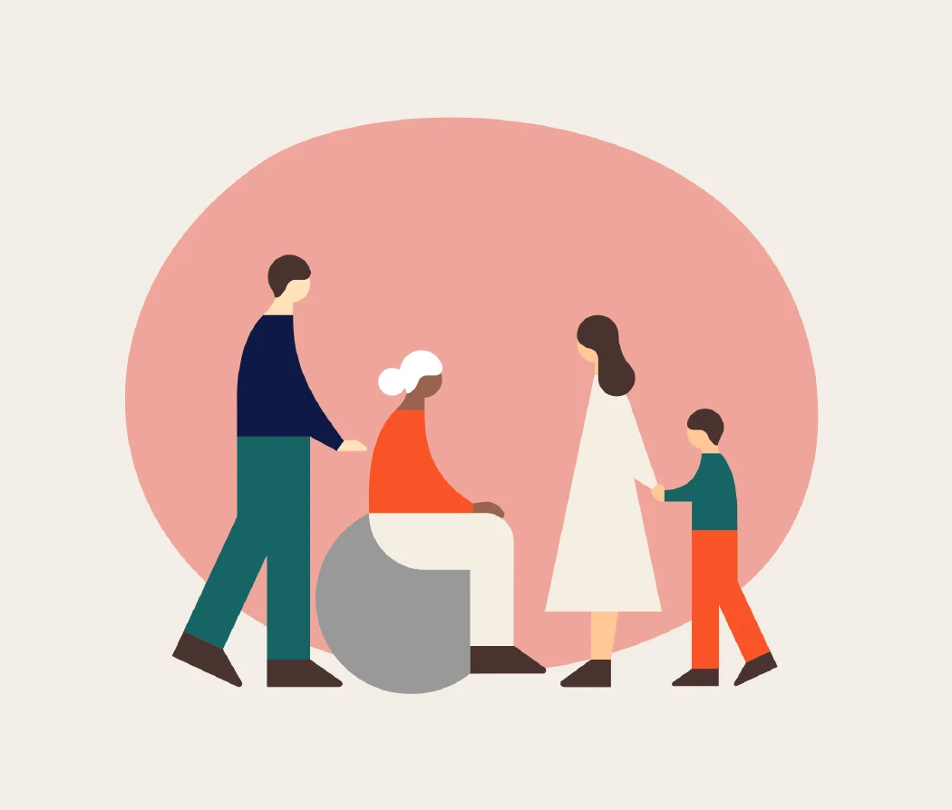 車椅子に乗った高齢者と、それを支える家族のイラスト。