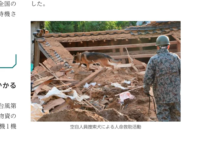 災害現場で救助活動を行う救助隊員と警察犬