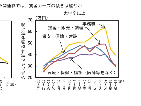 年齢階級別の賃金カーブを示す折れ線グラフ