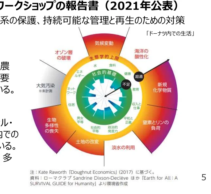 ドーナツ経済学の概念図。社会的な基盤と生態学的な上限の間の「ドーナツ」内で、持続可能な生活を目指すための様々な要素（気候変動、海洋の酸性化、新規化学物質、窒素とリンの負荷、土地の改変、淡水の利用、生物多様性の喪失、大気汚染、オゾン層の破壊など）が示されている。