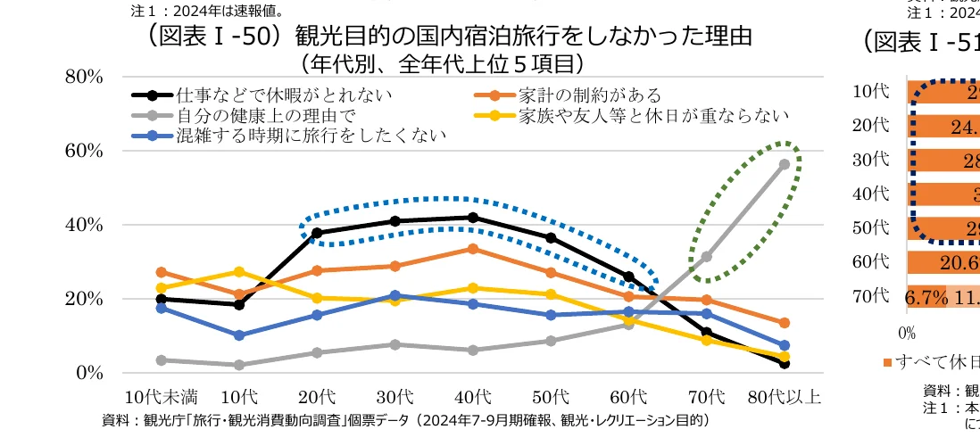 年代別の国内宿泊旅行をしなかった理由を示す折れ線グラフ
