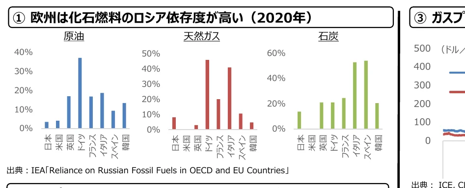 欧州諸国のロシア産化石燃料への依存度を示す棒グラフ（2020年）
