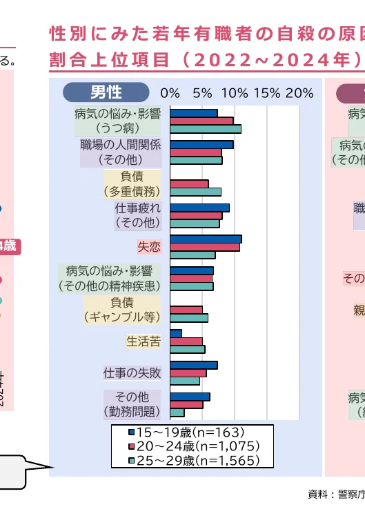 性別にみた若年有職者の自殺の原因上位項目（2022～2024年）の棒グラフ