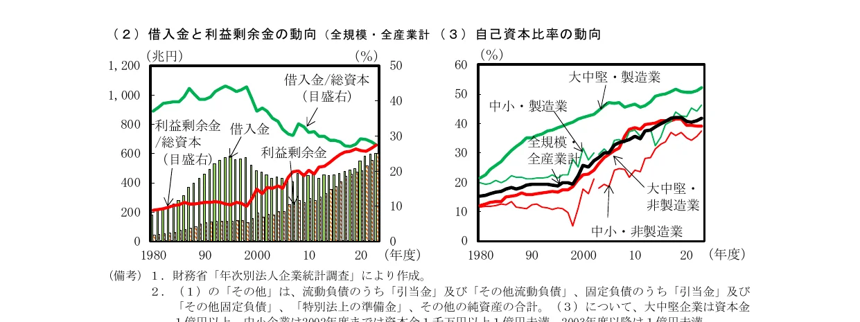 借入金と利益剰余金の動向を示す棒グラフと折れ線グラフの複合グラフ、および自己資本比率の動向を示す折れ線グラフ