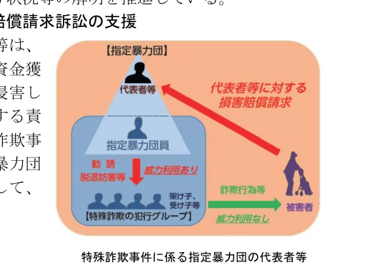 指定暴力団の構造と、被害者への詐欺行為、代表者等への損害賠償請求の関係を示すフロー図。