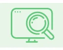 虫眼鏡とモニターを組み合わせた、検索や分析を表現する緑色のアイコン