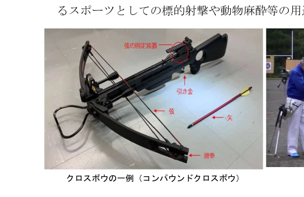 コンパウンドクロスボウの例とその部品のラベル付け