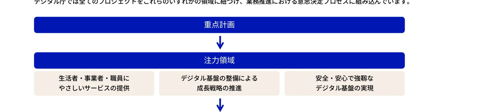 重点計画から注力領域へ、さらに3つの領域に分岐するフロー図