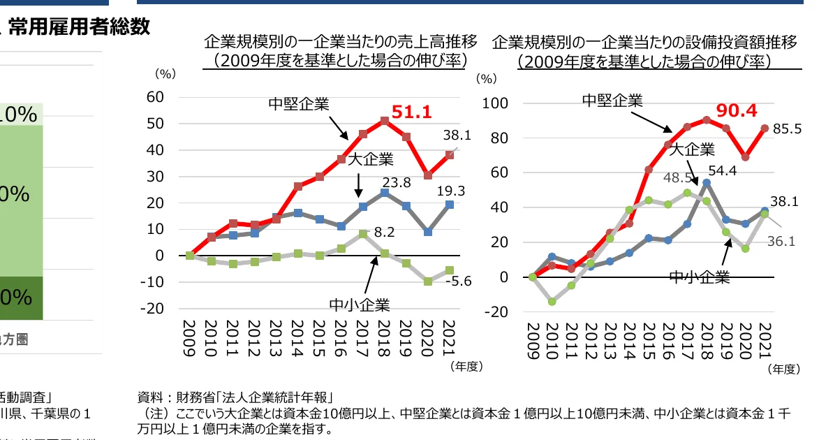 企業規模別の売上高推移と設備投資額推移の折れ線グラフ