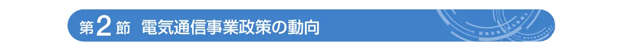 青い帯状の背景に白い文字で「第2節 電気通信事業政策の動向」と書かれており、右側には円弧状の抽象的なデザインが施されている。