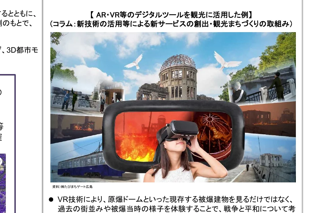 AR・VR等のデジタルツールを観光に活用した例として、原爆ドームと被爆当時の街並みをVRで体験する様子を描いたインフォグラフィック。