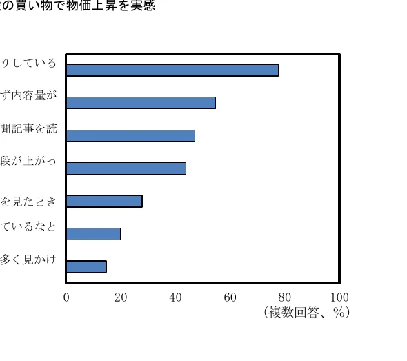 日常の買い物で物価上昇を実感する場面についてのアンケート結果を示す横棒グラフ