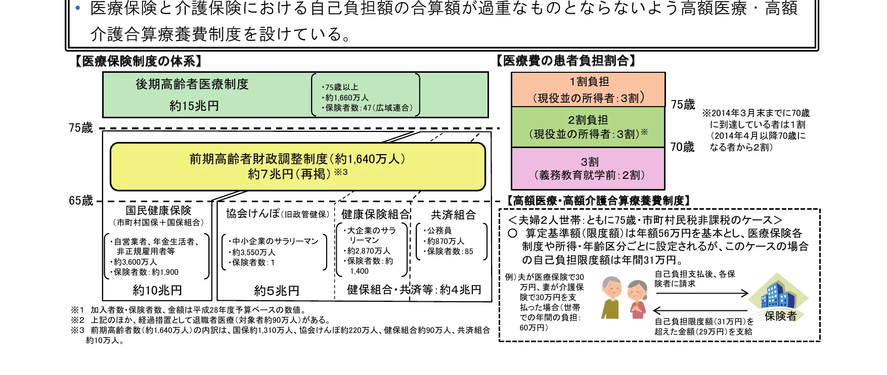 医療保険と介護保険における自己負担額の合算額が過重なものとならないよう、高額医療・高額介護合算療養費制度を設けていることを示すフロー図。