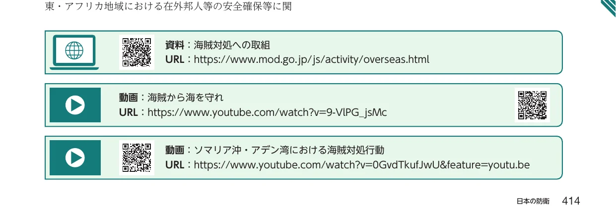 防衛省のウェブサイトやYouTube動画へのリンクを紹介する、QRコードとアイコン付きのインフォグラフィック風の案内カード。