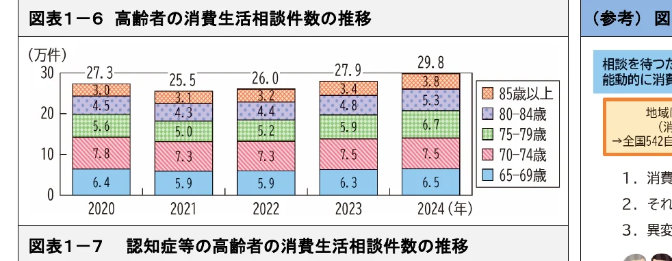 高齢者の消費生活相談件数の推移（2020年～2024年）を年齢層別に示した積み上げ棒グラフ