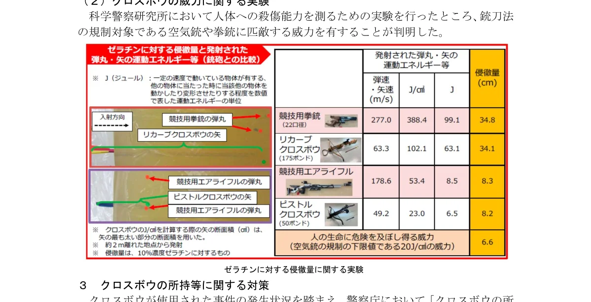 ゼラチンに対する侵徹量と発射された弾丸・矢の運動エネルギー等の比較実験結果を示すインフォグラフィック