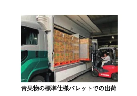 トラックの荷台にパレットに積まれた段ボール箱をフォークリフトで積み込んでいる様子