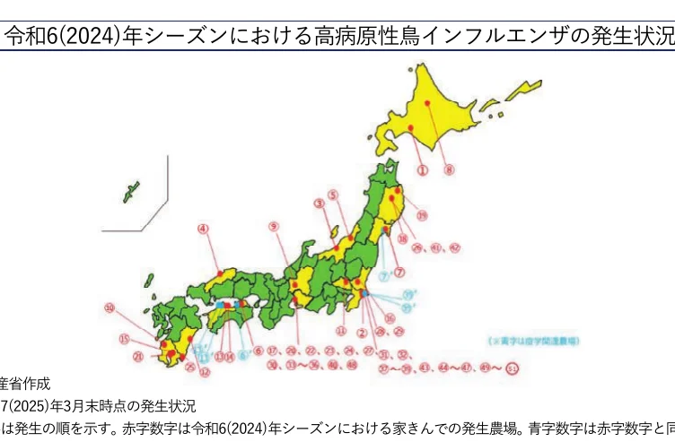 令和6年シーズンにおける高病原性鳥インフルエンザの発生状況を示す日本地図