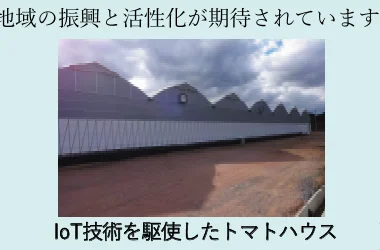 IoT技術を駆使したトマトハウスの写真と、地域の振興と活性化が期待されていることを示すテキスト