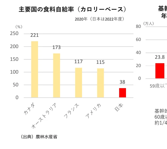 主要国の食料自給率（カロリーベース）の棒グラフ