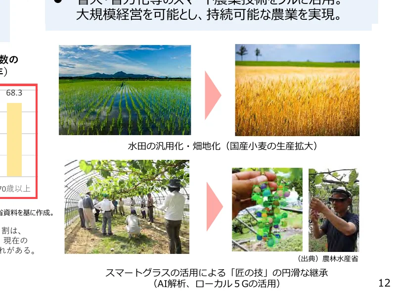 スマート農業の推進と持続可能な農業の実現に関するインフォグラフィック。水田の活用による小麦生産拡大と、スマートグラスを活用した「匠の技」の継承を示す。