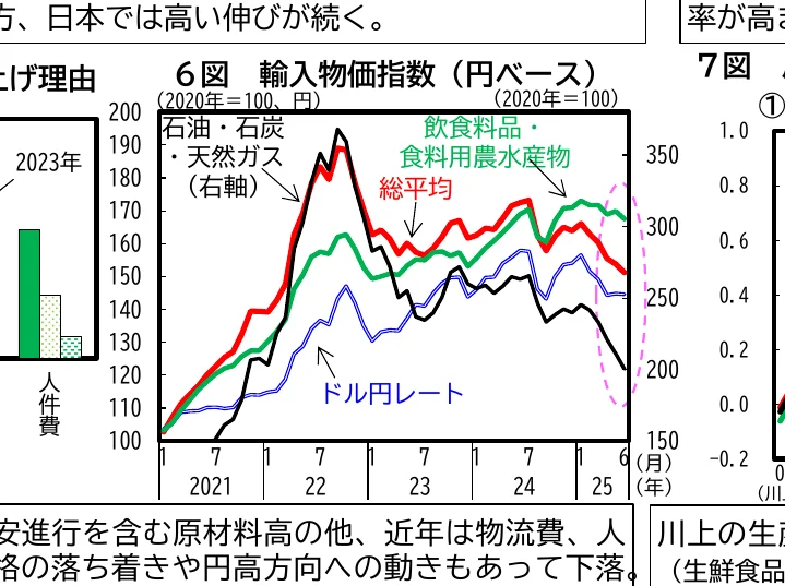 輸入物価指数の推移を示す折れ線グラフと、ドル円レートの推移を示す折れ線グラフ。