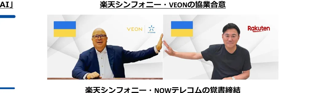 ウクライナ国旗とVEON、Rakutenのロゴを背景に、2人の男性がそれぞれ手を前に突き出して対峙している様子を捉えた写真。