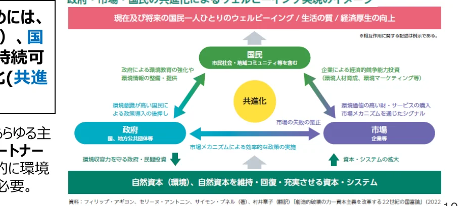政府・市場・国民の共進化によるウェルビーイング/生活の質/経済再生のイメージ図