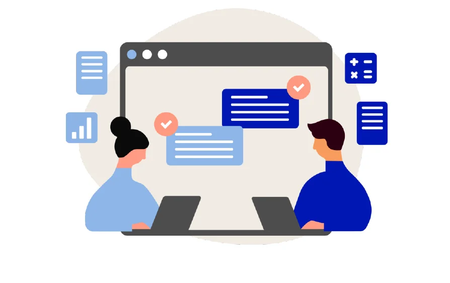 オンライン会議で協力する2人の人物