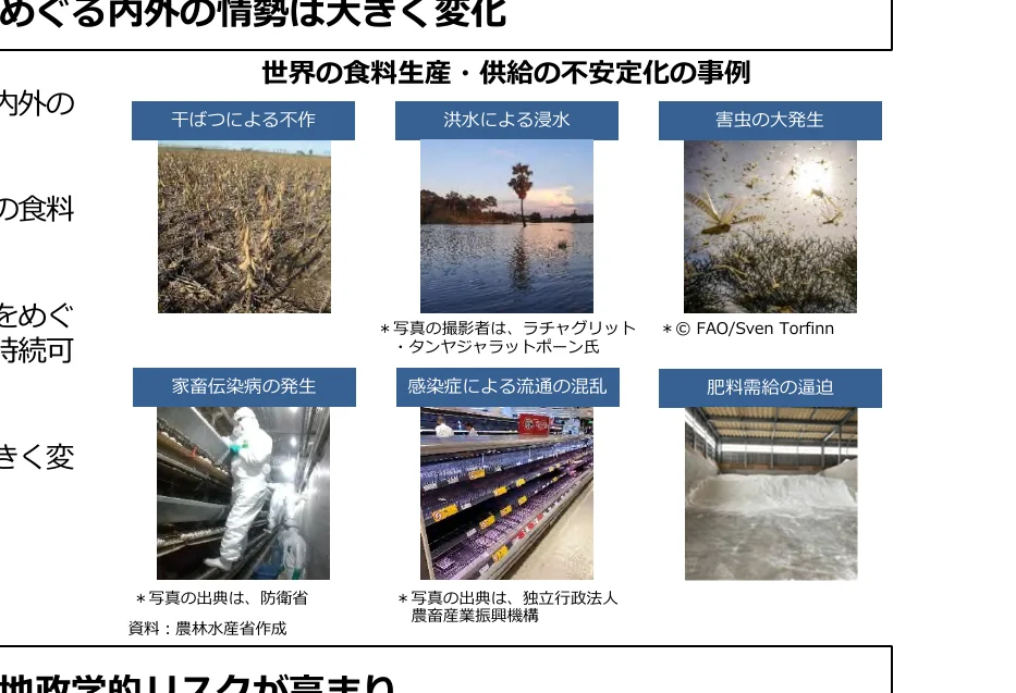世界の食料生産・供給の不安定化の事例を示すインフォグラフィック。干ばつ、洪水、害虫、家畜伝染病、流通の混乱、肥料需給の逼迫といった6つの事例を写真付きで紹介している。